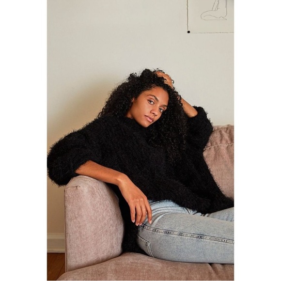 Free People Sweaters - Free People Oasis Black Funnel Neck Eyelash Oversized Slouchy Sweater Tunic XL